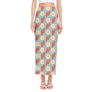 Blue Fried Egg And Bacon Pattern Print Side Slit Maxi Skirt