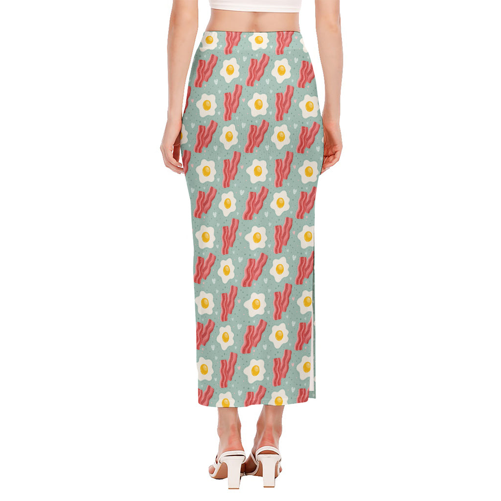 Blue Fried Egg And Bacon Pattern Print Side Slit Maxi Skirt