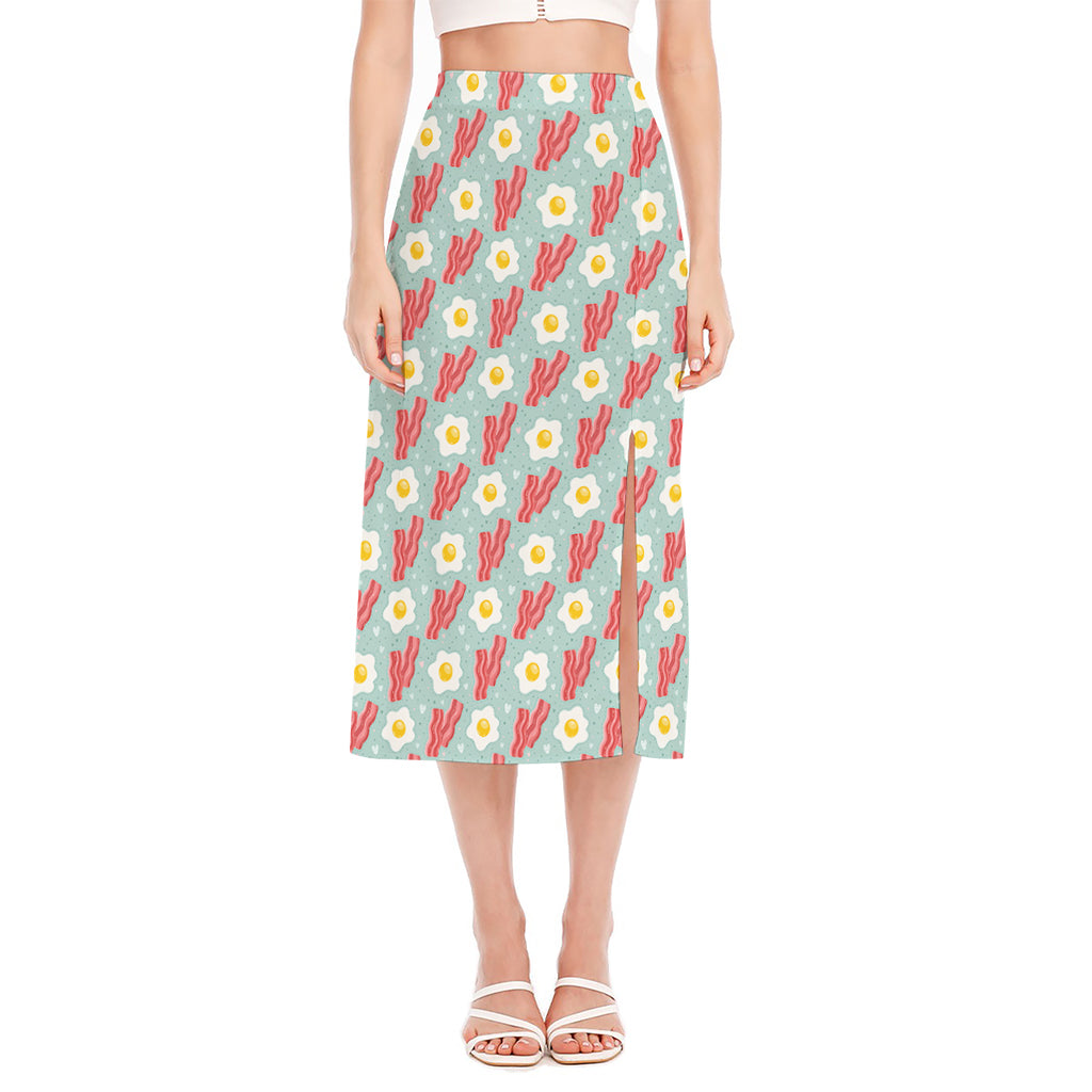 Blue Fried Egg And Bacon Pattern Print Side Slit Midi Skirt