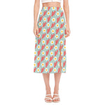 Blue Fried Egg And Bacon Pattern Print Side Slit Midi Skirt