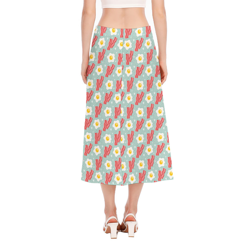 Blue Fried Egg And Bacon Pattern Print Side Slit Midi Skirt