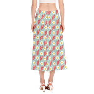 Blue Fried Egg And Bacon Pattern Print Side Slit Midi Skirt