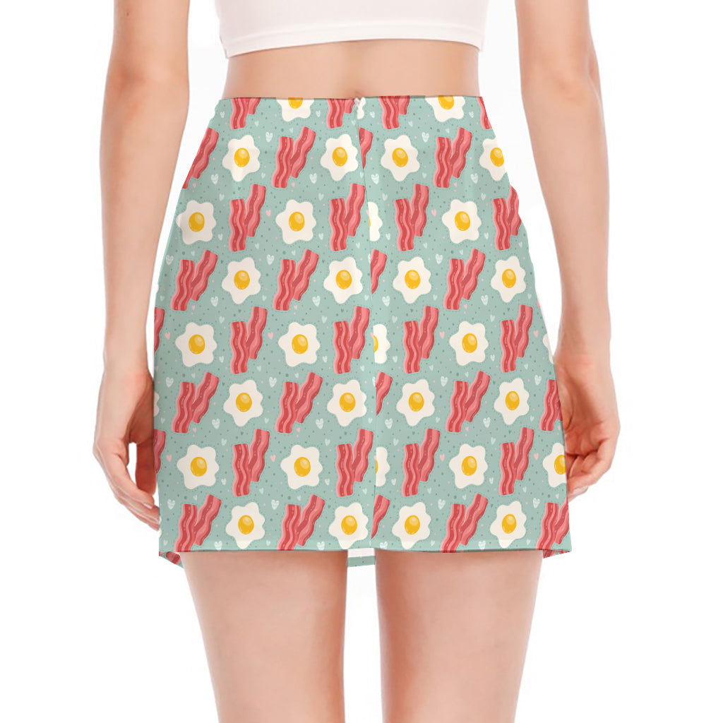 Blue Fried Egg And Bacon Pattern Print Side Slit Mini Skirt