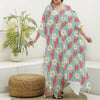 Blue Fried Egg And Bacon Pattern Print Silk V-Neck Kaftan Dress