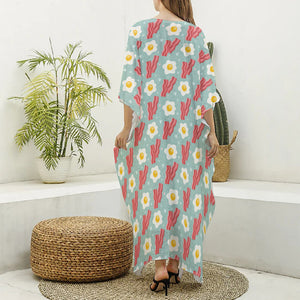 Blue Fried Egg And Bacon Pattern Print Silk V-Neck Kaftan Dress