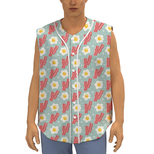 Blue Fried Egg And Bacon Pattern Print Sleeveless Baseball Jersey