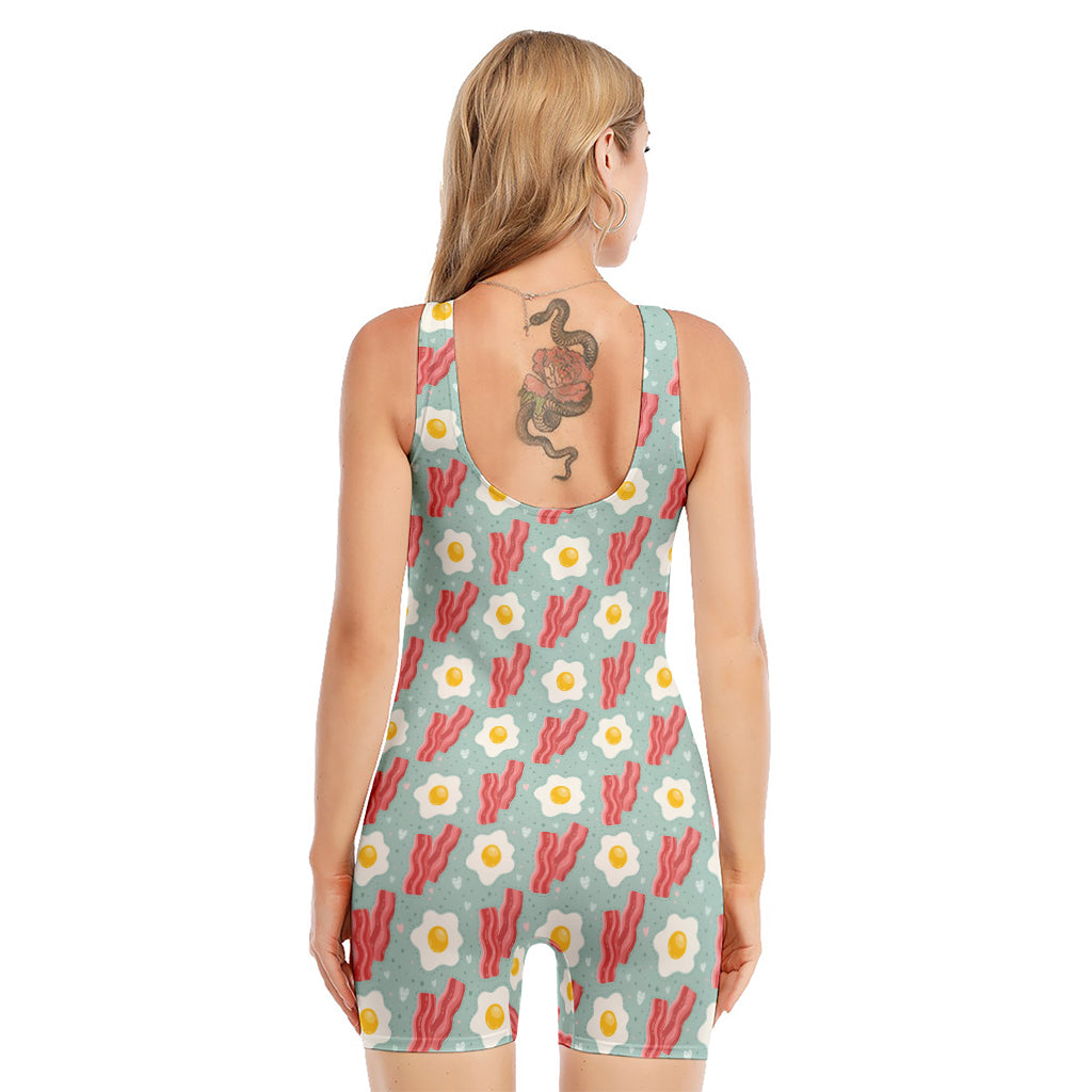 Blue Fried Egg And Bacon Pattern Print Sleeveless One Piece Swimsuit