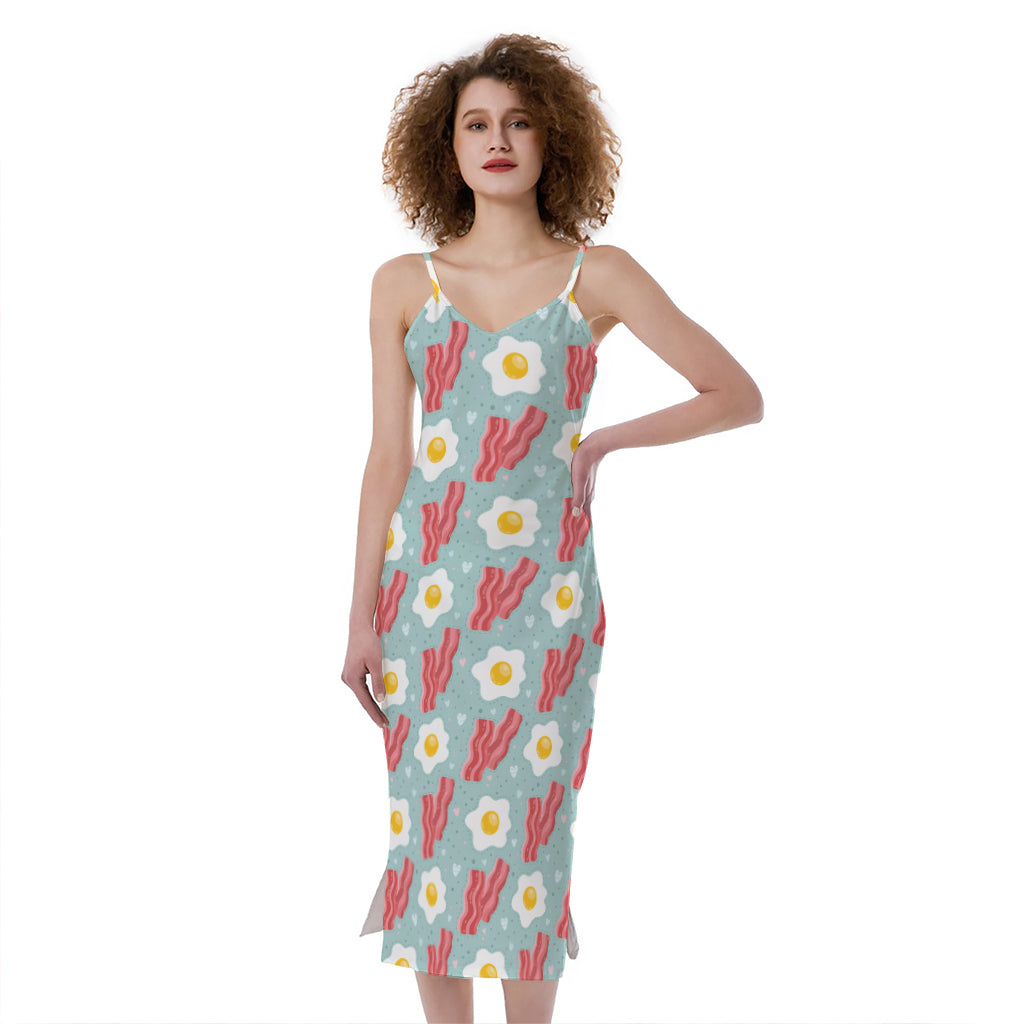 Blue Fried Egg And Bacon Pattern Print Slim Fit Midi Cami Dress