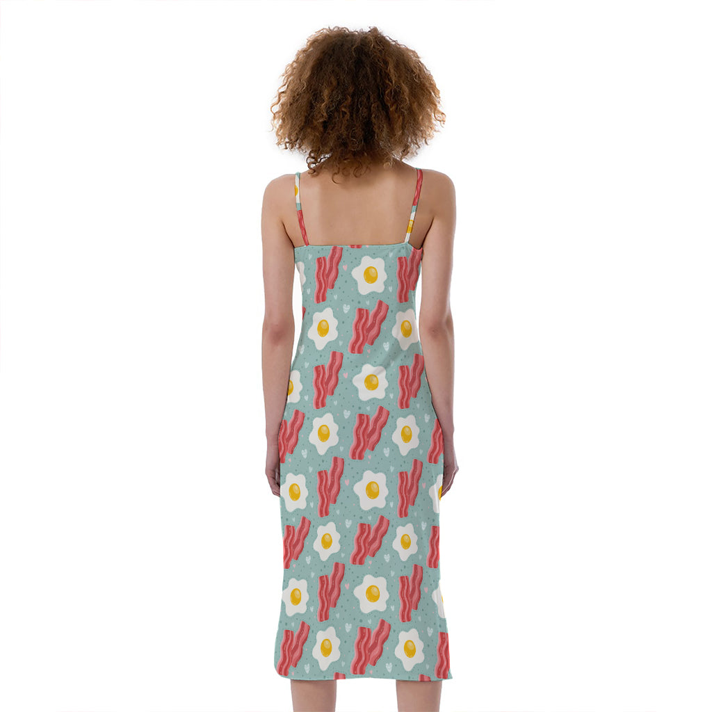 Blue Fried Egg And Bacon Pattern Print Slim Fit Midi Cami Dress