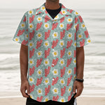 Blue Fried Egg And Bacon Pattern Print Textured Short Sleeve Shirt