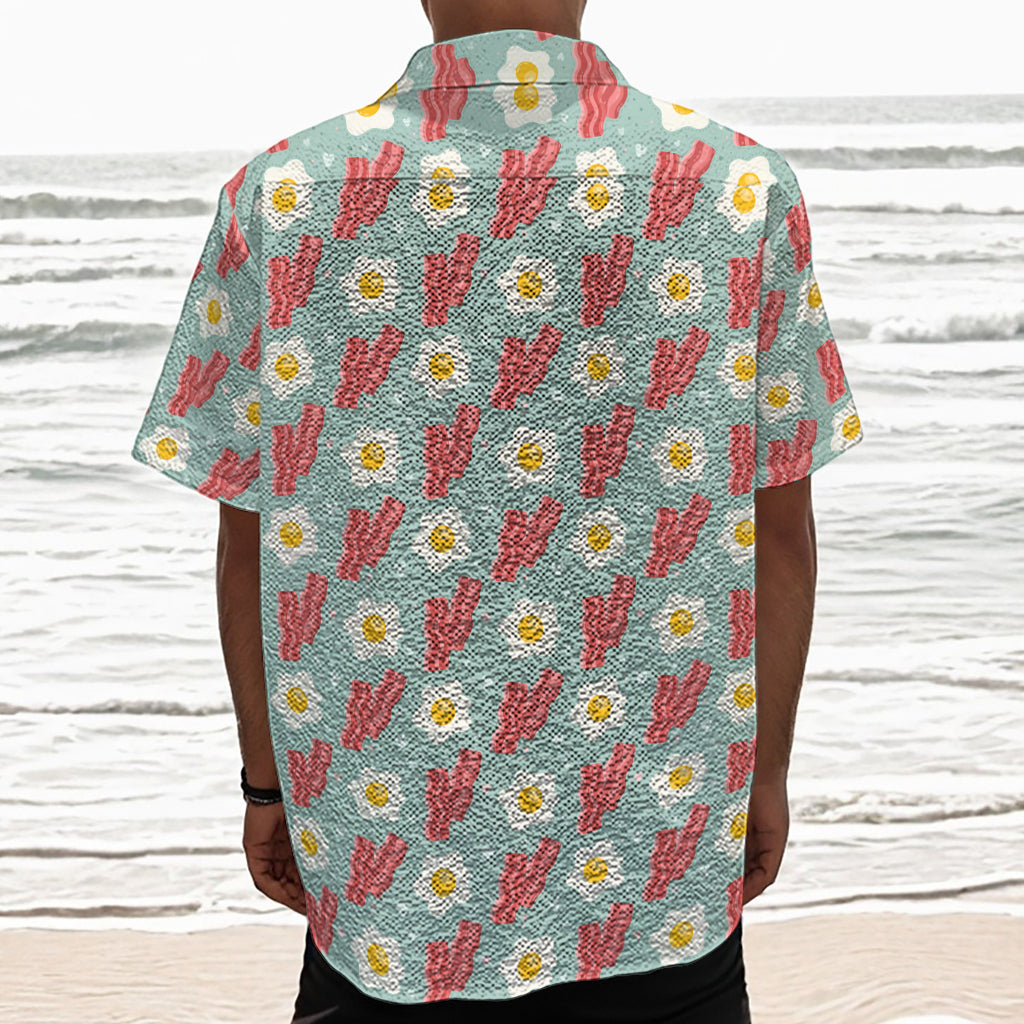 Blue Fried Egg And Bacon Pattern Print Textured Short Sleeve Shirt