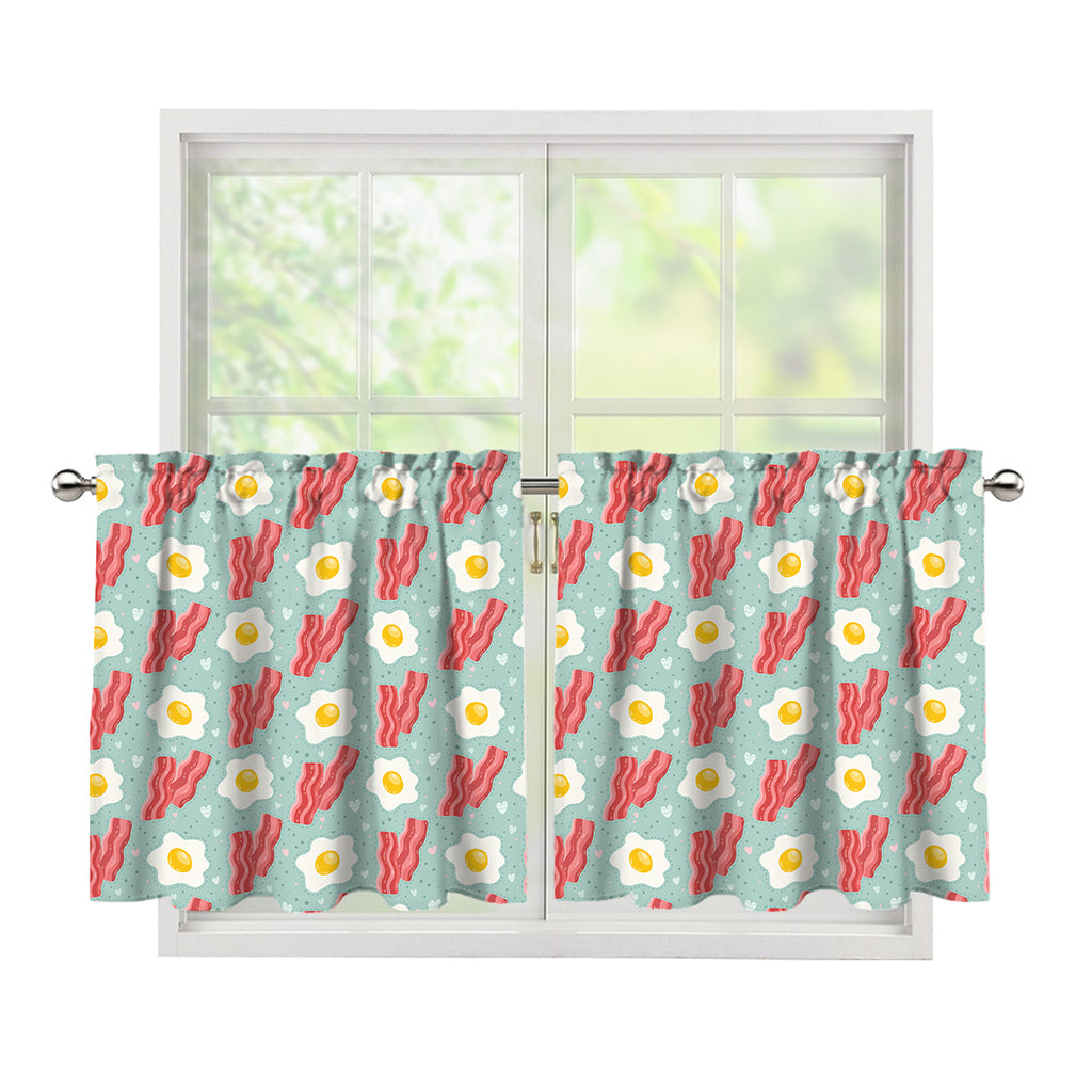 Blue Fried Egg And Bacon Pattern Print Tier Curtains