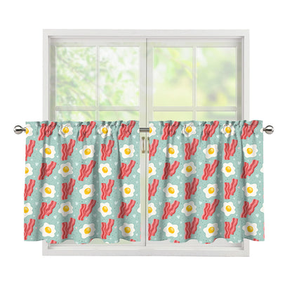 Blue Fried Egg And Bacon Pattern Print Tier Curtains