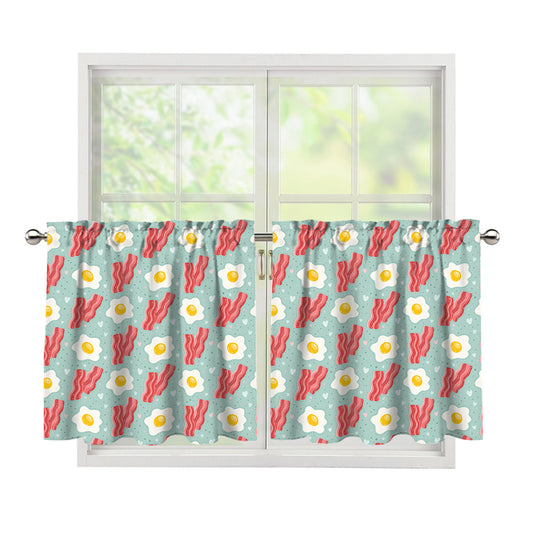 Blue Fried Egg And Bacon Pattern Print Tier Curtains