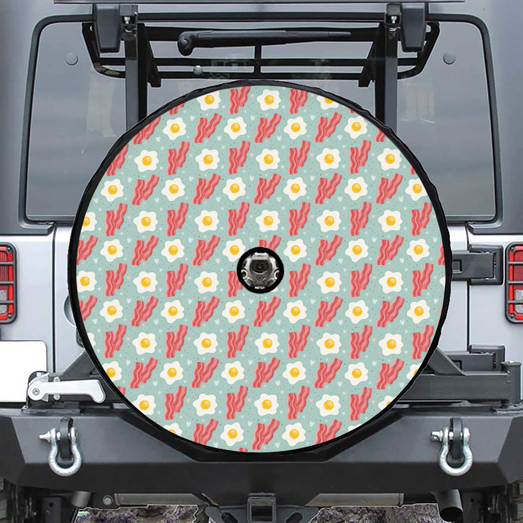 Blue Fried Egg And Bacon Pattern Print Tire Cover With Camera Hole