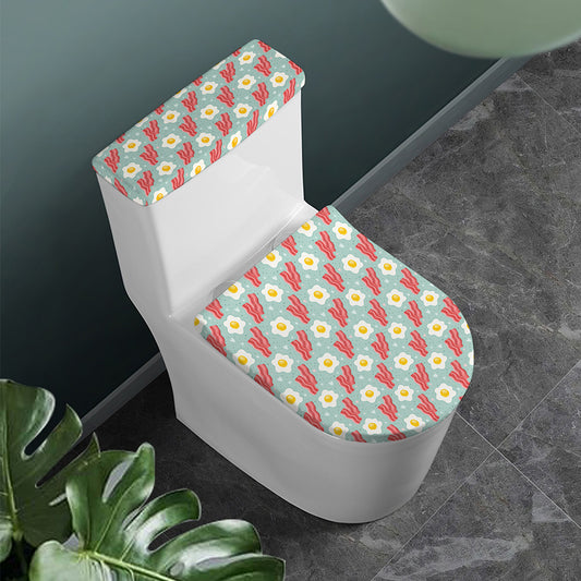 Blue Fried Egg And Bacon Pattern Print Toilet Lid And Tank Cover Set
