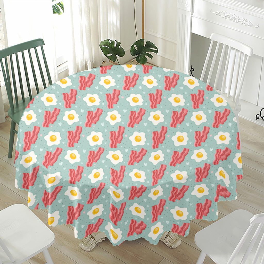 Blue Fried Egg And Bacon Pattern Print Waterproof Round Tablecloth