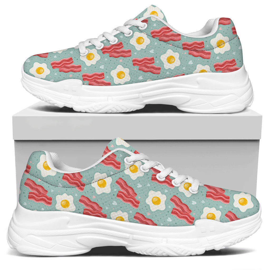 Blue Fried Egg And Bacon Pattern Print White Chunky Shoes