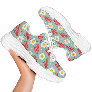 Blue Fried Egg And Bacon Pattern Print White Chunky Shoes