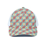 Blue Fried Egg And Bacon Pattern Print White Mesh Trucker Cap