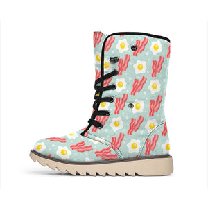 Blue Fried Egg And Bacon Pattern Print Winter Boots