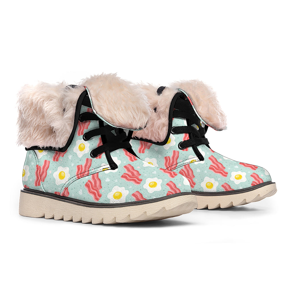 Blue Fried Egg And Bacon Pattern Print Winter Boots