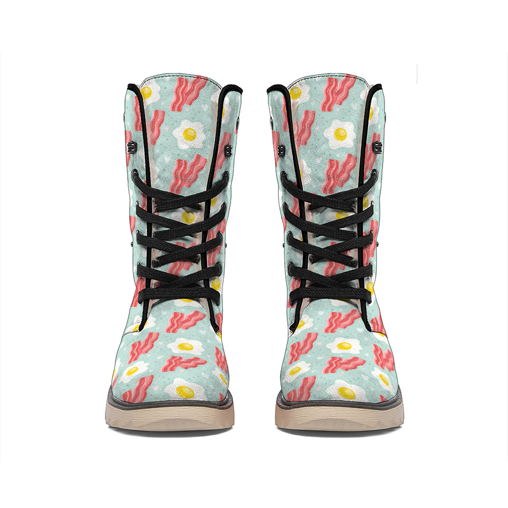 Blue Fried Egg And Bacon Pattern Print Winter Boots