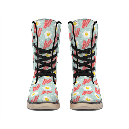 Blue Fried Egg And Bacon Pattern Print Winter Boots