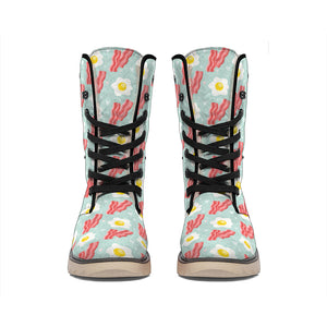 Blue Fried Egg And Bacon Pattern Print Winter Boots