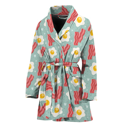 Blue Fried Egg And Bacon Pattern Print Women's Bathrobe