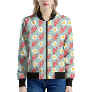 Blue Fried Egg And Bacon Pattern Print Women's Bomber Jacket