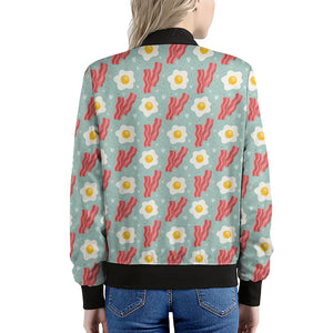 Blue Fried Egg And Bacon Pattern Print Women's Bomber Jacket