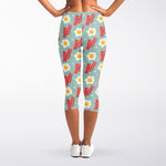 Blue Fried Egg And Bacon Pattern Print Women's Capri Leggings