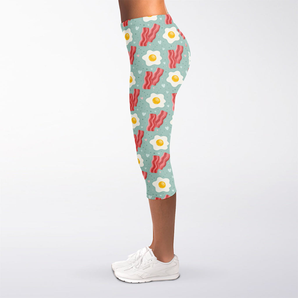 Blue Fried Egg And Bacon Pattern Print Women's Capri Leggings