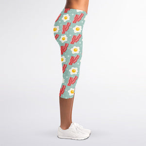 Blue Fried Egg And Bacon Pattern Print Women's Capri Leggings