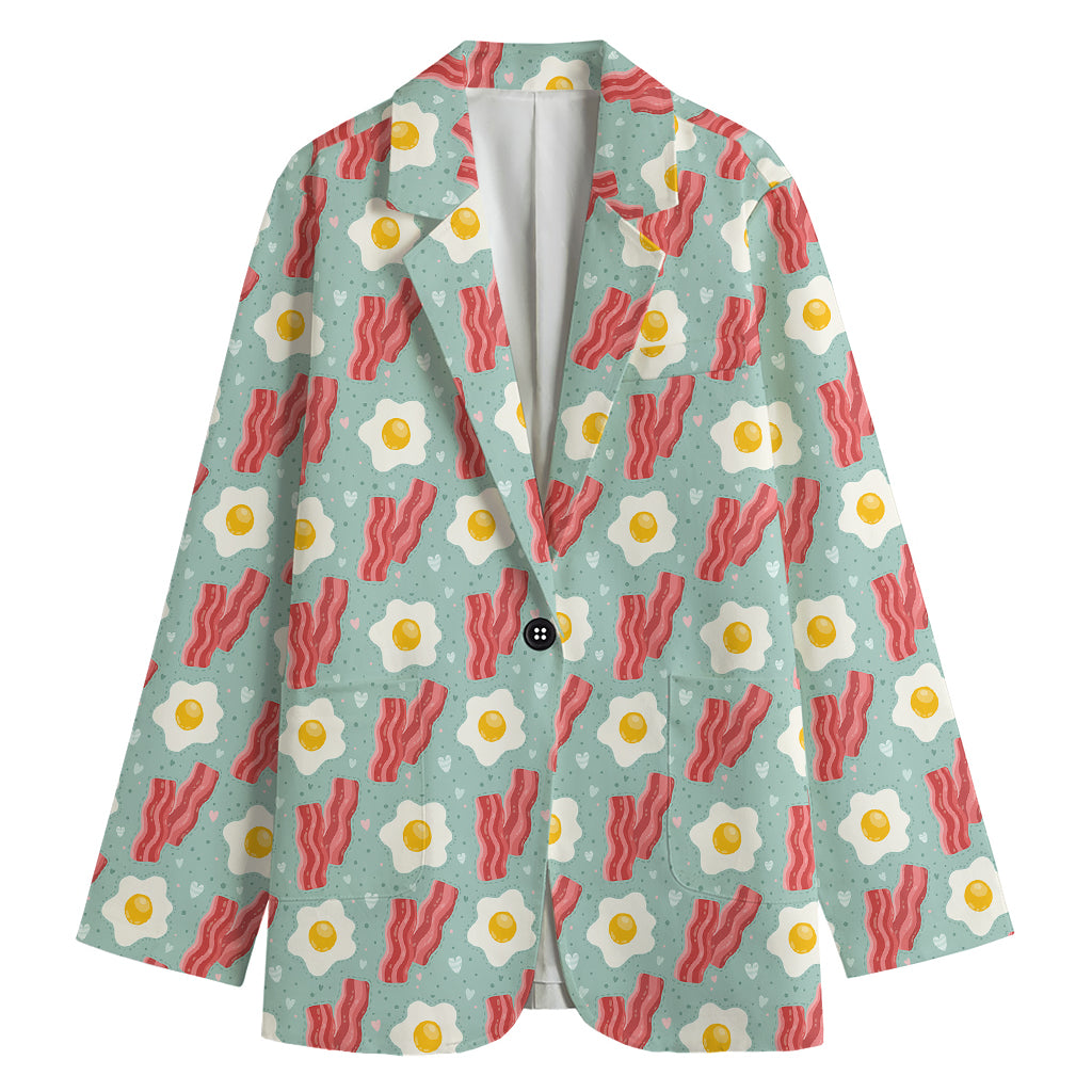 Blue Fried Egg And Bacon Pattern Print Women's Cotton Blazer