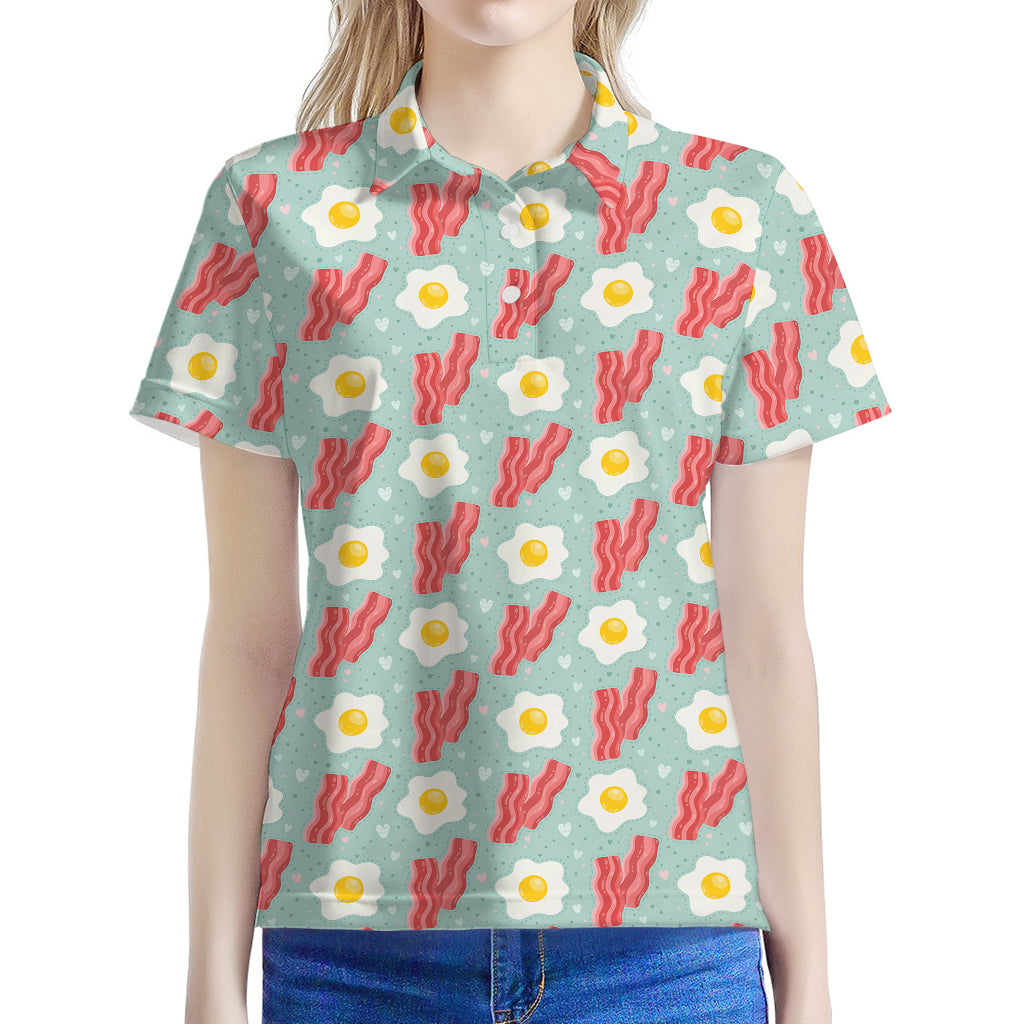 Blue Fried Egg And Bacon Pattern Print Women's Polo Shirt