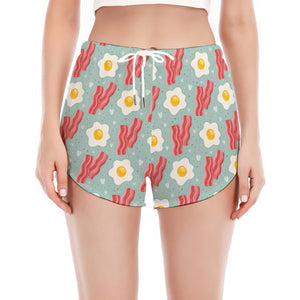 Blue Fried Egg And Bacon Pattern Print Women's Split Running Shorts