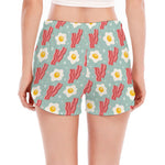 Blue Fried Egg And Bacon Pattern Print Women's Split Running Shorts