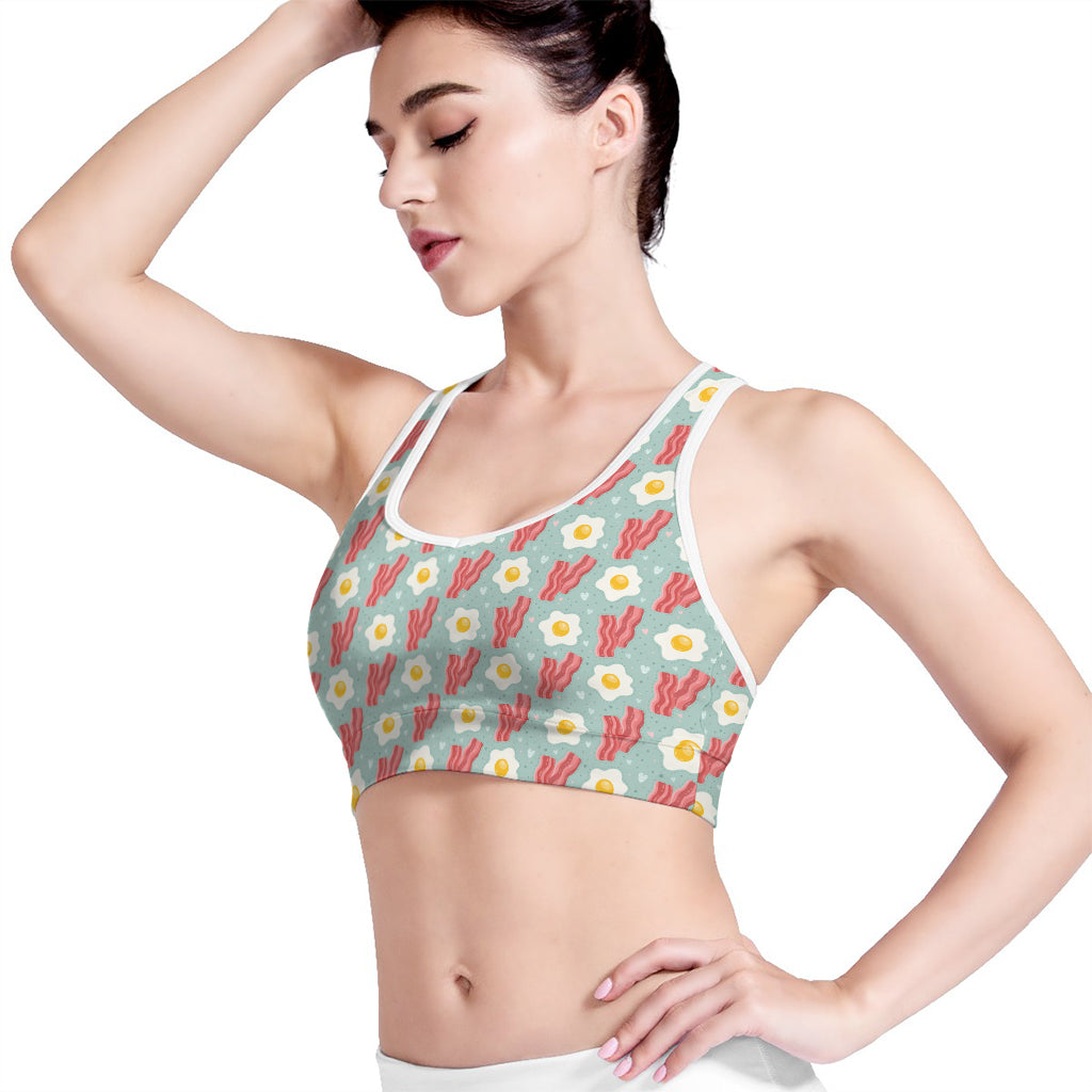 Blue Fried Egg And Bacon Pattern Print Women's Sports Bra