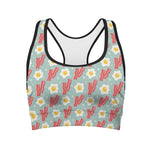 Blue Fried Egg And Bacon Pattern Print Women's Sports Bra