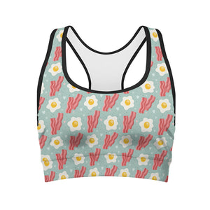 Blue Fried Egg And Bacon Pattern Print Women's Sports Bra