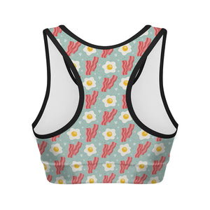 Blue Fried Egg And Bacon Pattern Print Women's Sports Bra