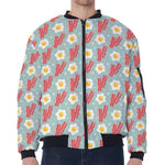 Blue Fried Egg And Bacon Pattern Print Zip Sleeve Bomber Jacket