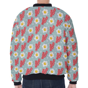 Blue Fried Egg And Bacon Pattern Print Zip Sleeve Bomber Jacket