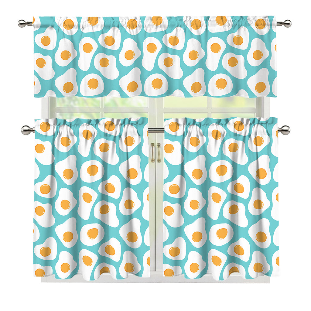 Blue Fried Eggs Pattern Print 3 Piece Kitchen Curtains