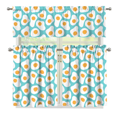 Blue Fried Eggs Pattern Print 3 Piece Kitchen Curtains