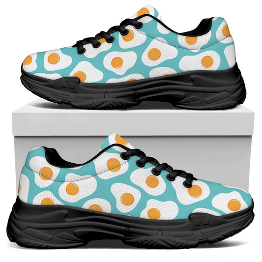 Blue Fried Eggs Pattern Print Black Chunky Shoes