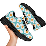 Blue Fried Eggs Pattern Print Black Chunky Shoes