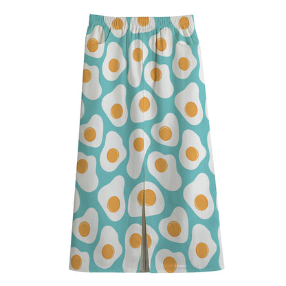 Blue Fried Eggs Pattern Print Cotton Front Slit Maxi Skirt